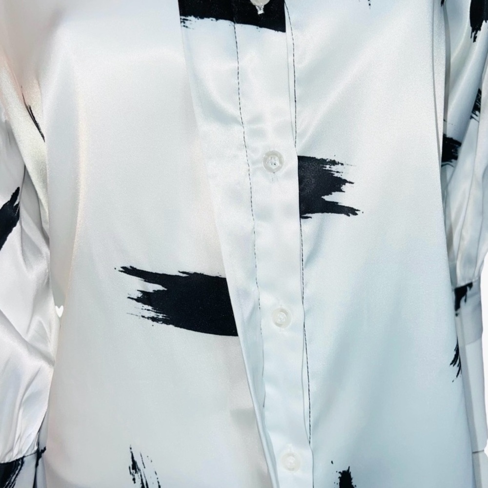 Beach Satin abstract 1/2 Length Sleeve White Black Button Down Shirt - Picture 5 of 8